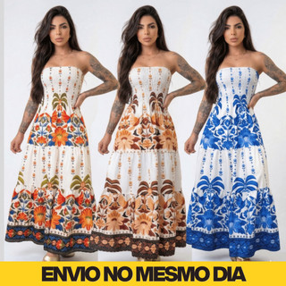 Vestido Longo Tomara Que Caia Elastex  Estampado Floral Luxo Verão Moda Feminina Elegante  Blogueira  do P Ao Plus Size