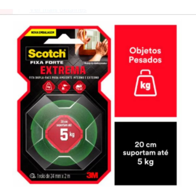 Fita Dupla Face Scotch 3M 24mm x 2m Fixa Forte Fixação Extrema