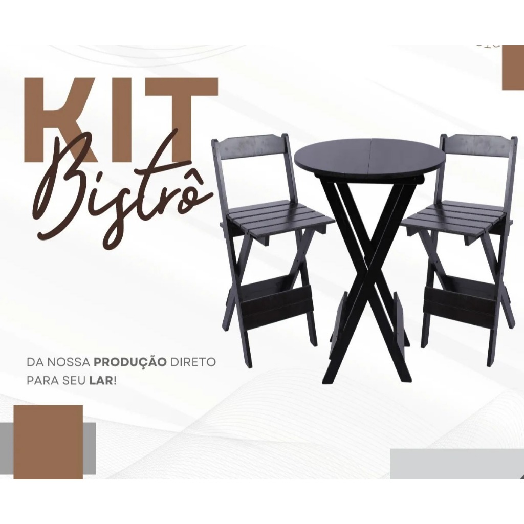 Kit Bistrô Mesa Dobrável + 2 Cadeiras Madeira Maciça | Cores Natural, Mel, Imbuia e Preto | Compacto e Resistente