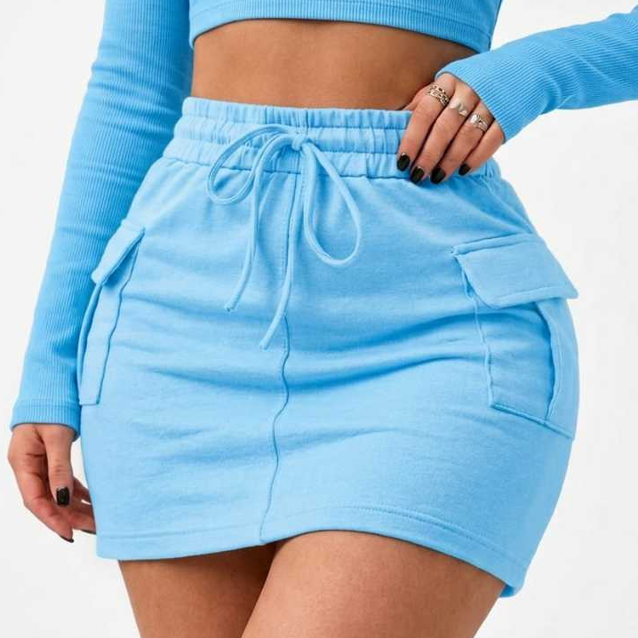 Saia Cargo Feminino Moletom Moletinho Cintura Alta Bolso Lateral Confortável Casual Verão 2027