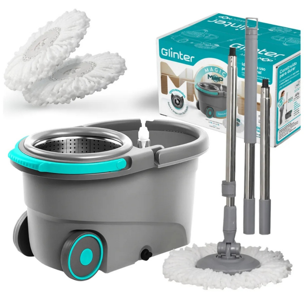 Mop Esfregão Giratório Balde Inox 16 Litros 2 Refis Cabo 1.6m Limpeza Glinter Cinza
