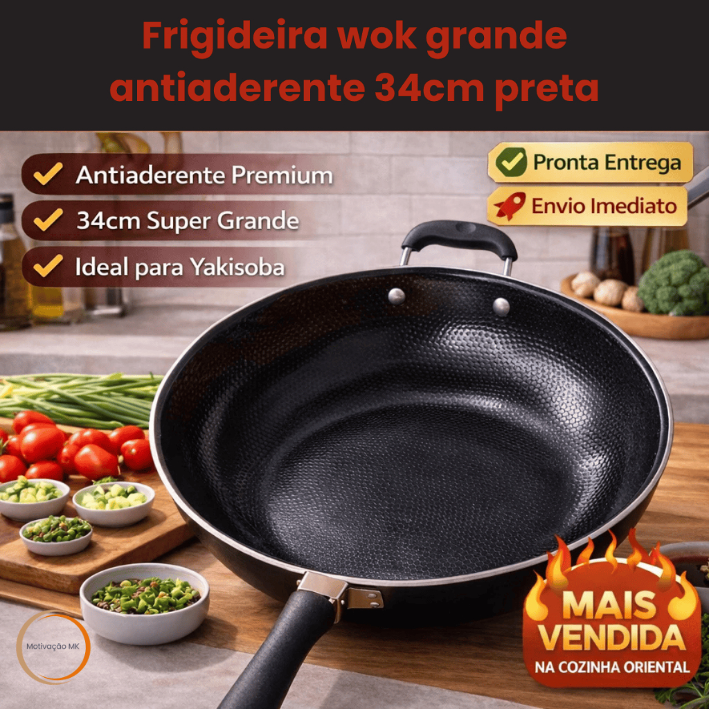 Imagem Frigideira Wok 34cm Antiaderente Profissional Grande Preta Cozinha Chef Não Gruda Fácil Limpeza