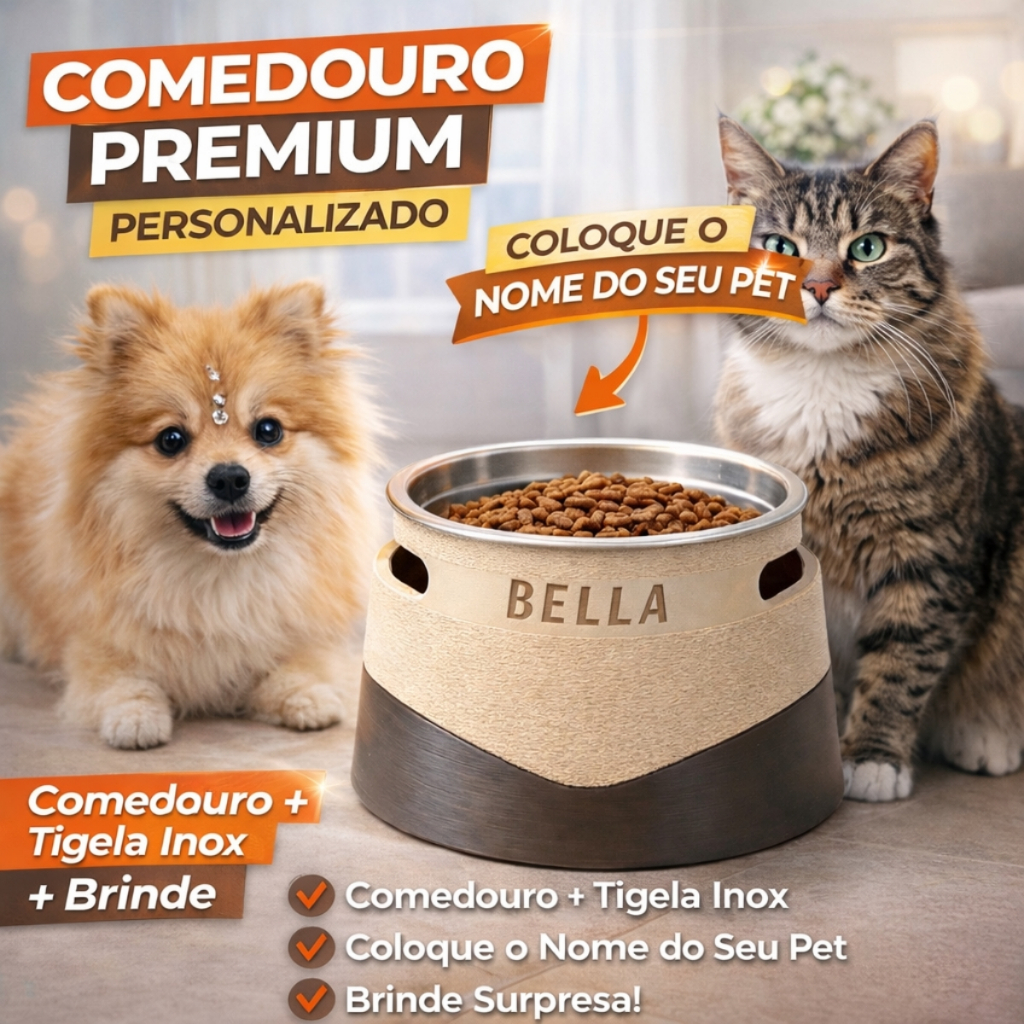 Comedouro Pet Personalizado Com Nome Tigela Inox Cachorro Gato Premium Elevado