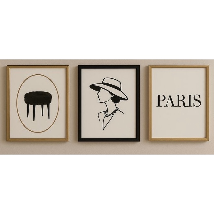 Quadros Decorativos Trio Minimalista Banqueta Mulher e Texto Paris (3 peças)