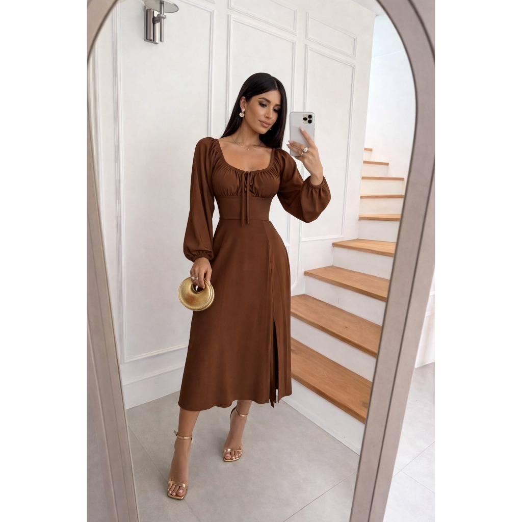 Vestido Feminino Midi Manga Longa C/ Amarração Frontal Estilo Camponesa COD:246-Liso