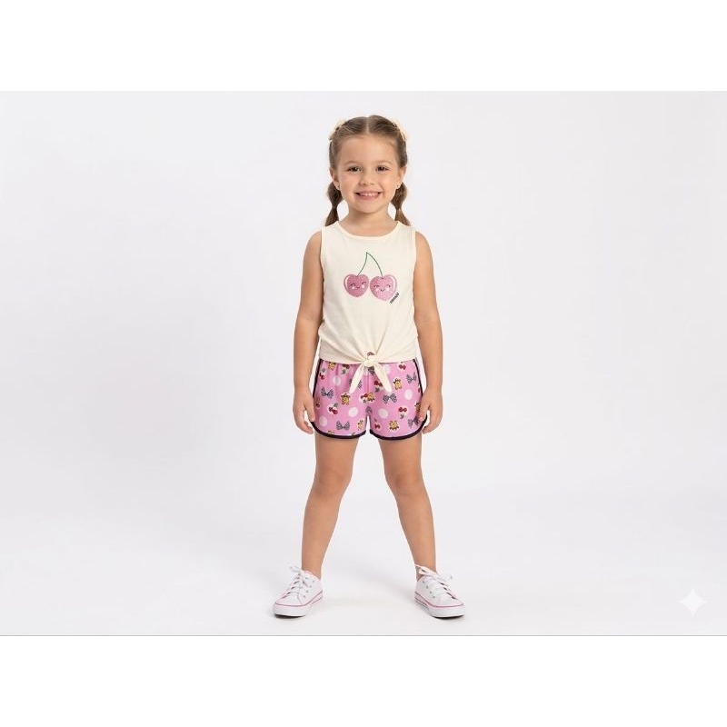 Conjunto Infantil Feminino Verão Blusa Regata com Estampa de Cereja + Short Estampado Confortável