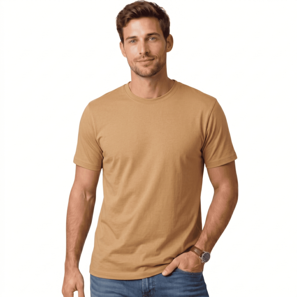 Camiseta Básica Bege Escuro Masculino Adulto 100% Algodão Premium Unissex Gola Ribana Reforçada