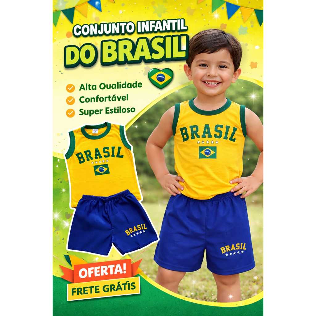 Conjunto Infantil Menino Tema Brasil - Camiseta e Short Roupa Infantil Verão – Pronta Entrega em Oferta na Shopee