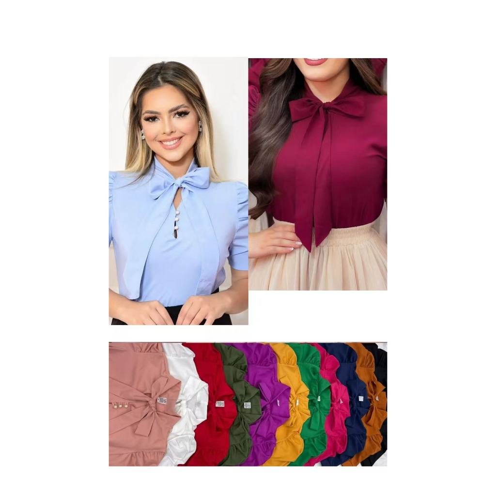 KIT 2 Blusa Feminina Social Manga Curta Bufante com laçinho Moda evangélica