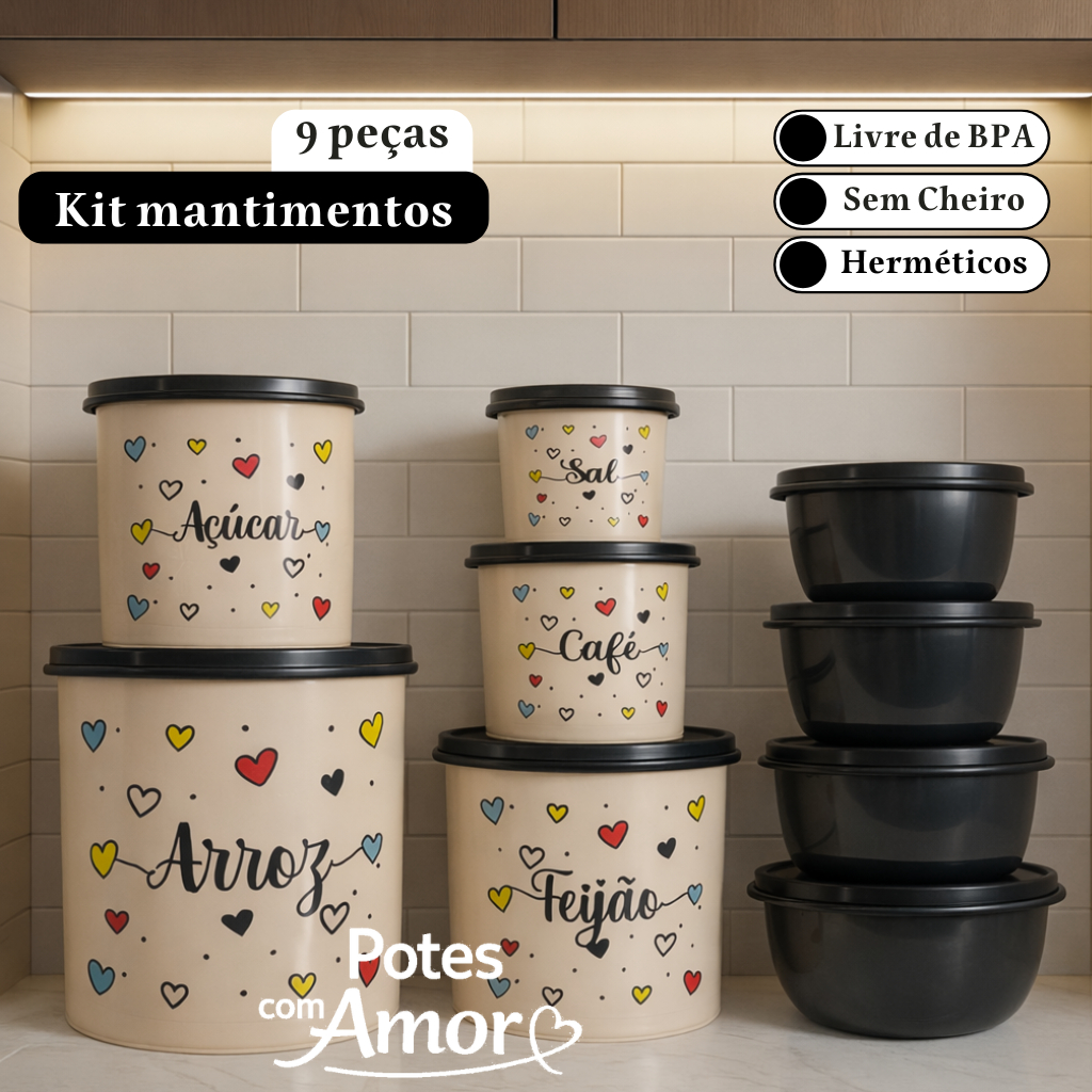 Kit de potes mantimentos cozinha 5 peças + 4 potes organizadores