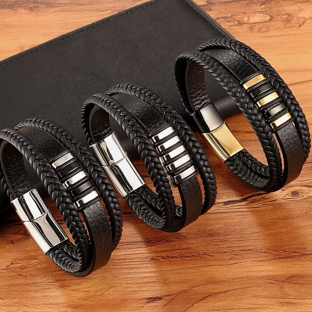 Pulseira de Couro com Metal Aço Inox Masculina - Bracelete - Prateada ou Dourado  - Masculino