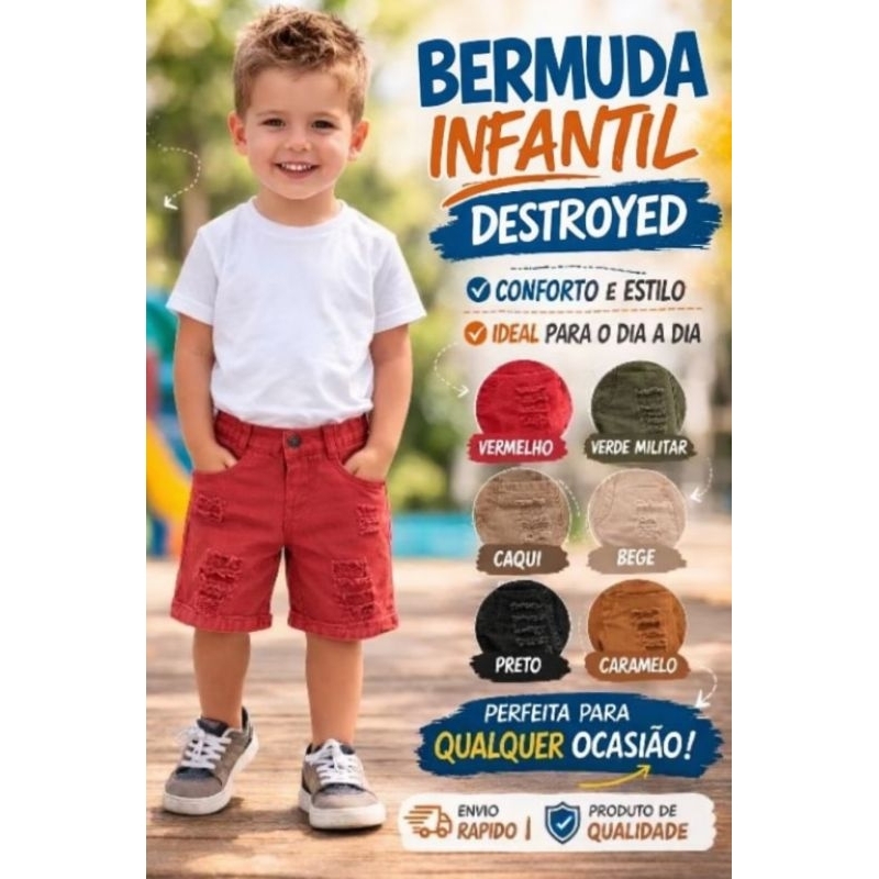 Bermuda Infantil Masculina Sarja Destroyed colorido casual premium em Oferta na Shopee