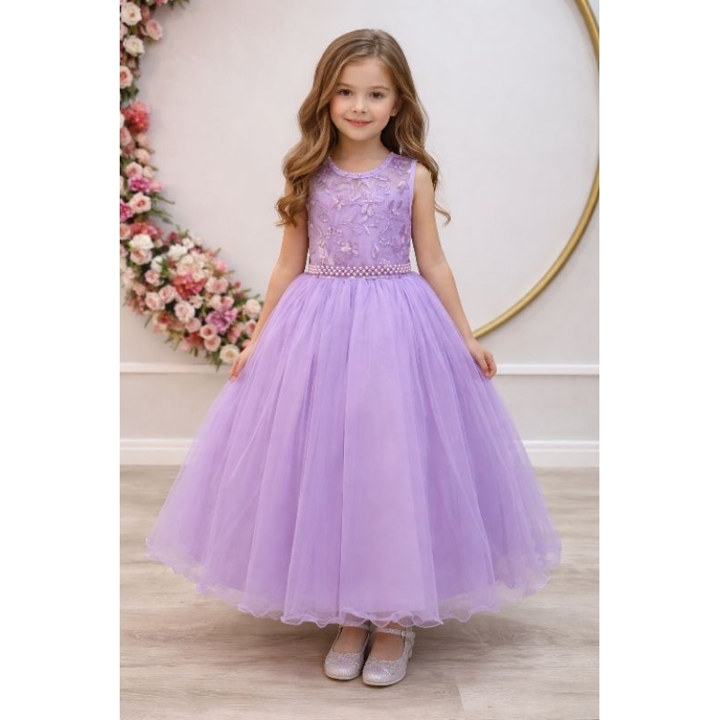Vestido Infantil Longo C/ Renda e Pérolas Damas Luxo Para Casamentos e Festas