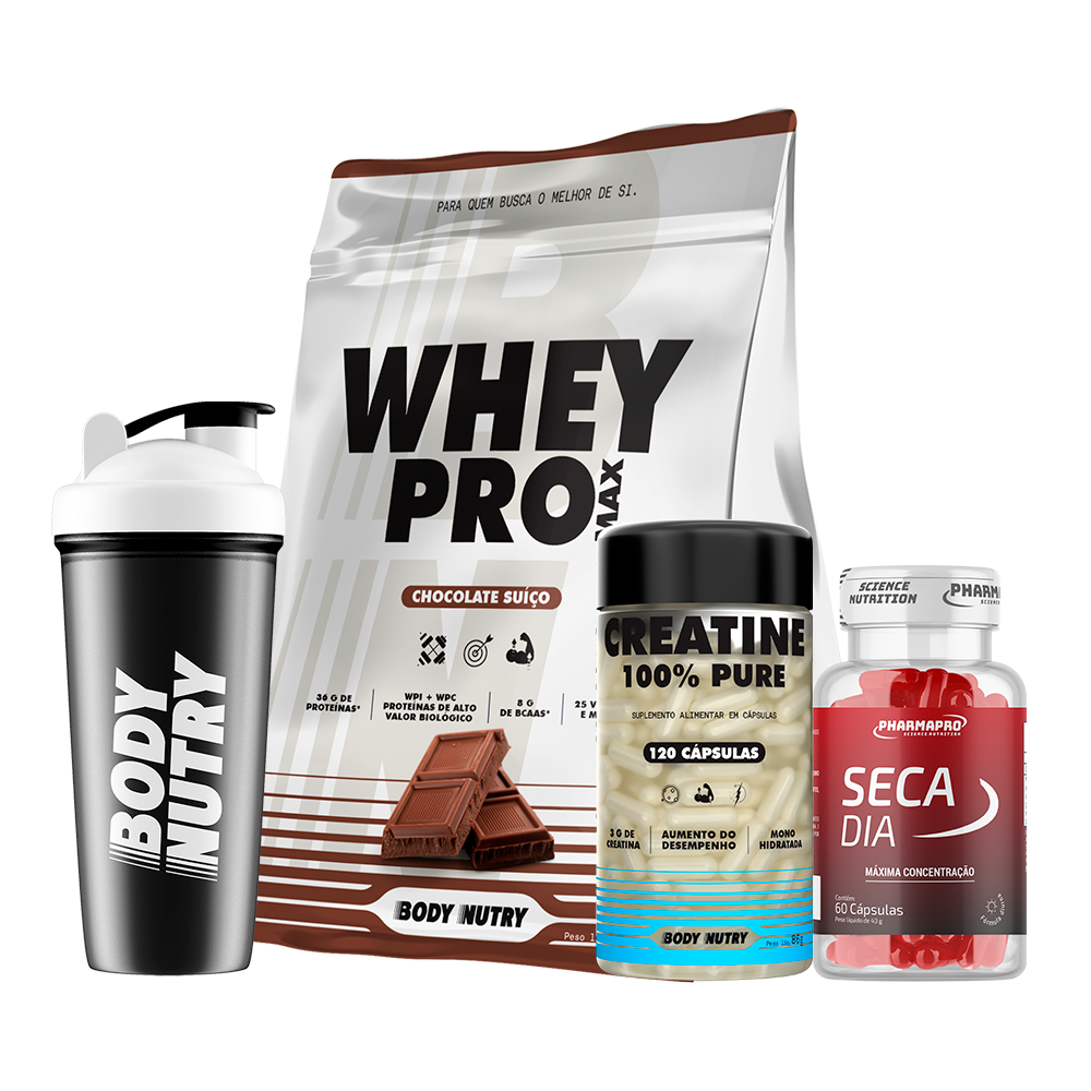 KIt Whey Pro, 900g + Creatina 120c Pura + Termogenico Seca Dia, 60 cáps (pré treino) + Coqueteleira