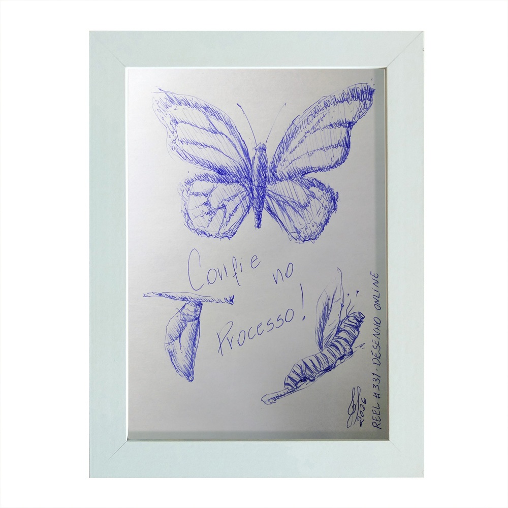 Quadro Desenho Original Caneta Azul Confie no Processo A5 moldurado Assinado Arte Original Reel #331