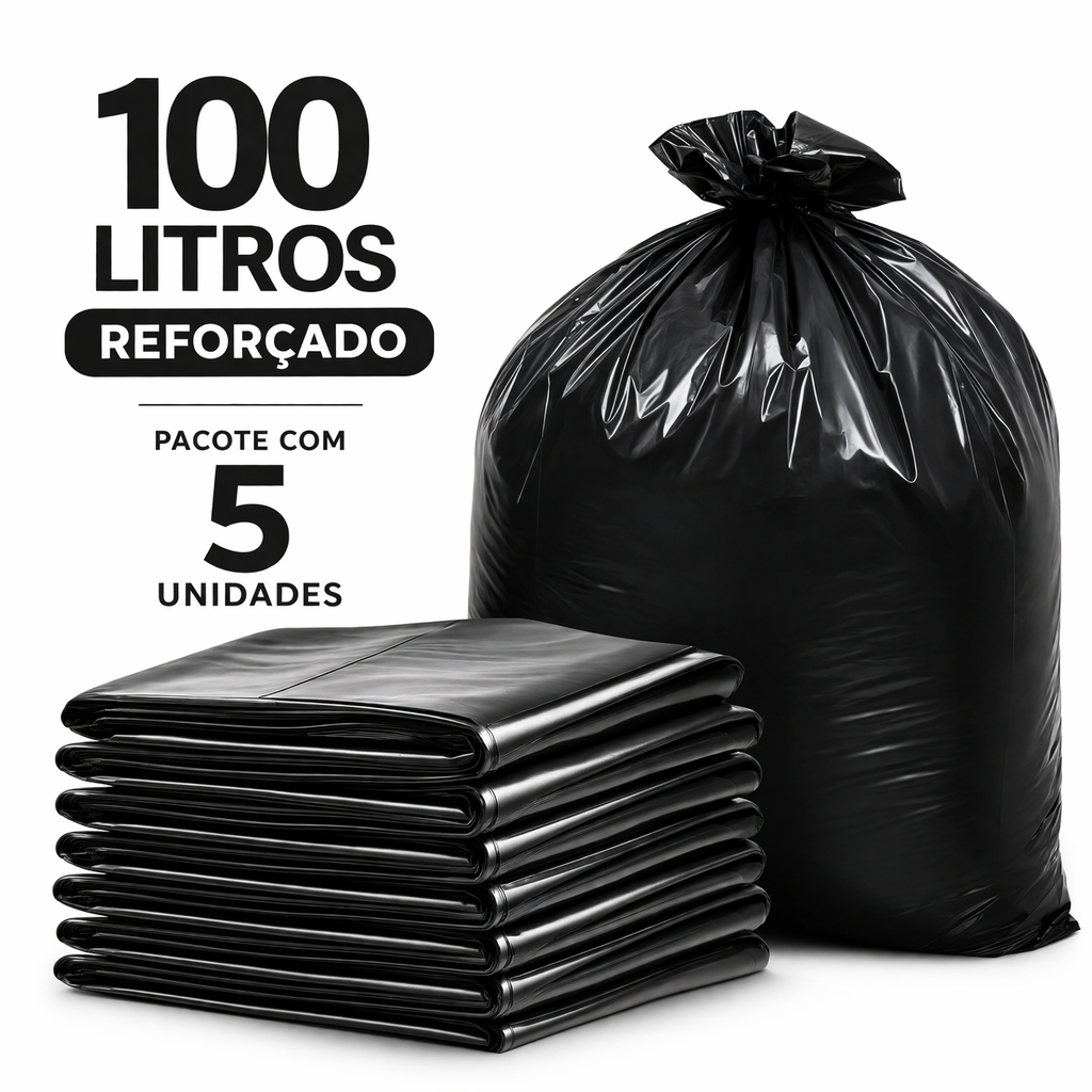 Saco para Lixo Preto Premium 100 Litros Reforçado Pacote 5 Unidades Alta Resistência