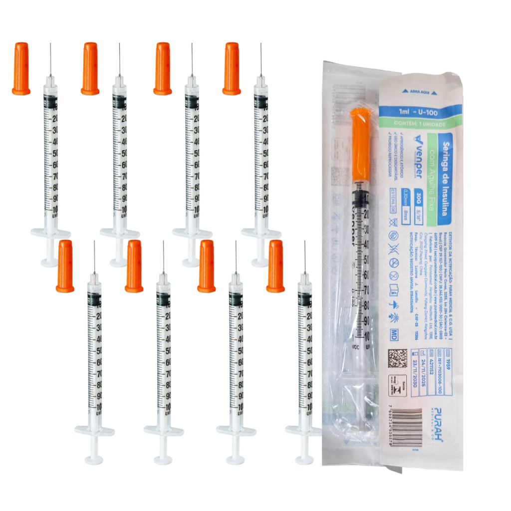 Kit 10 Seringas Insulina 1ml 8mm x 0,30mm Venper Agulha Fixa Aplicação Precisa 100Ui
