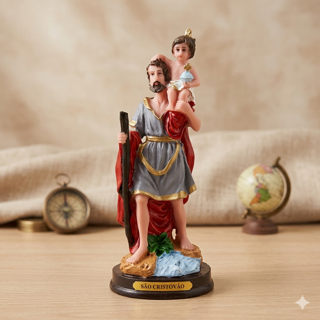 Imagem São Cristóvão 15cm Resina Pintada à Mão Estatueta Religiosa Altar Presente Católico Artesanal
