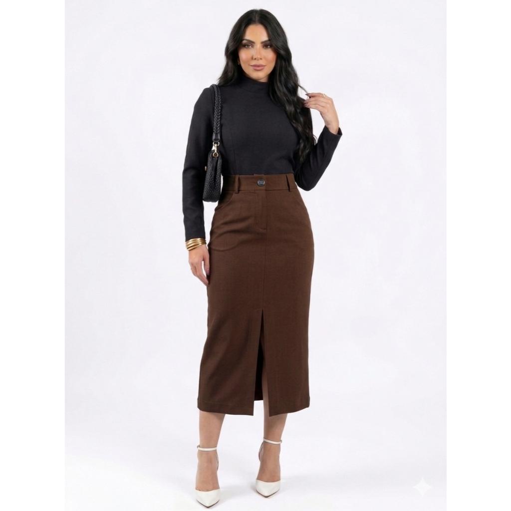 Saia Midi Com Fenda Corte Frontal Elegante Evangélica