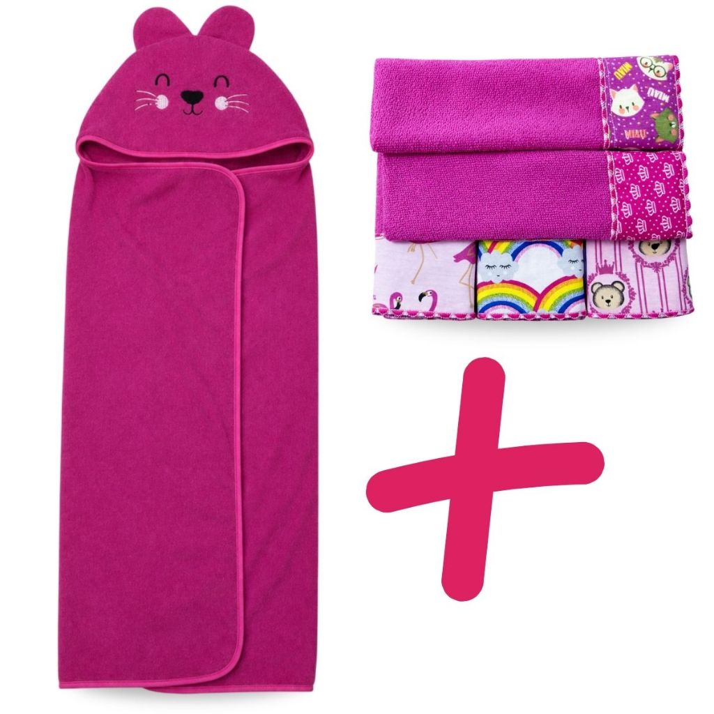 Toalha de Banho Para Bebe com Capuz Orelha Kit 3 Toalhinhas Boca Ombro Enxoval Rosa Azul