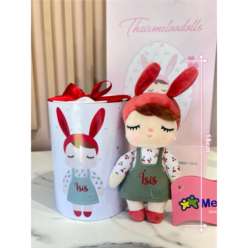 Boneca original da Metoo Mini 18cm personalizada com nome na latinha e boneca