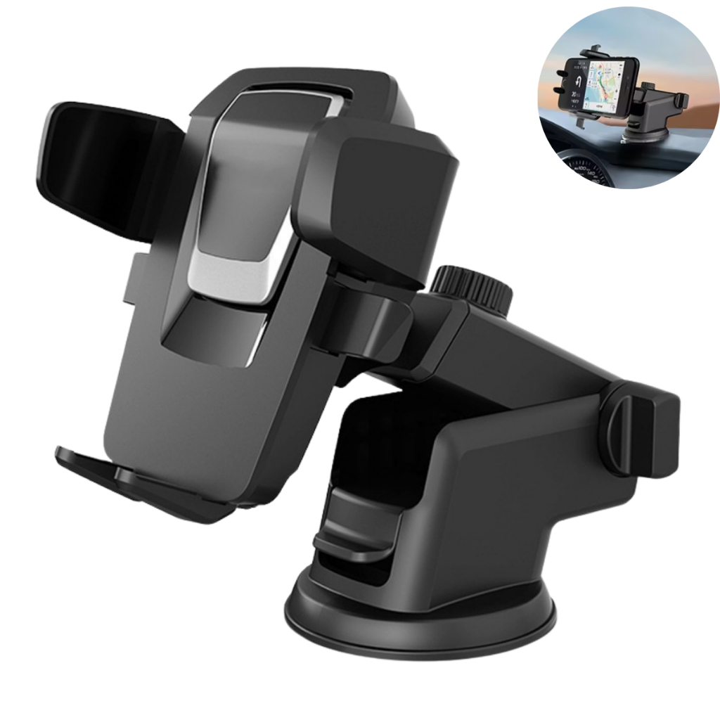 Suporte Celular Veicular Universal Ventosa Rotação 360 Ajuste Altura Trava Automática GPS e Smartphone