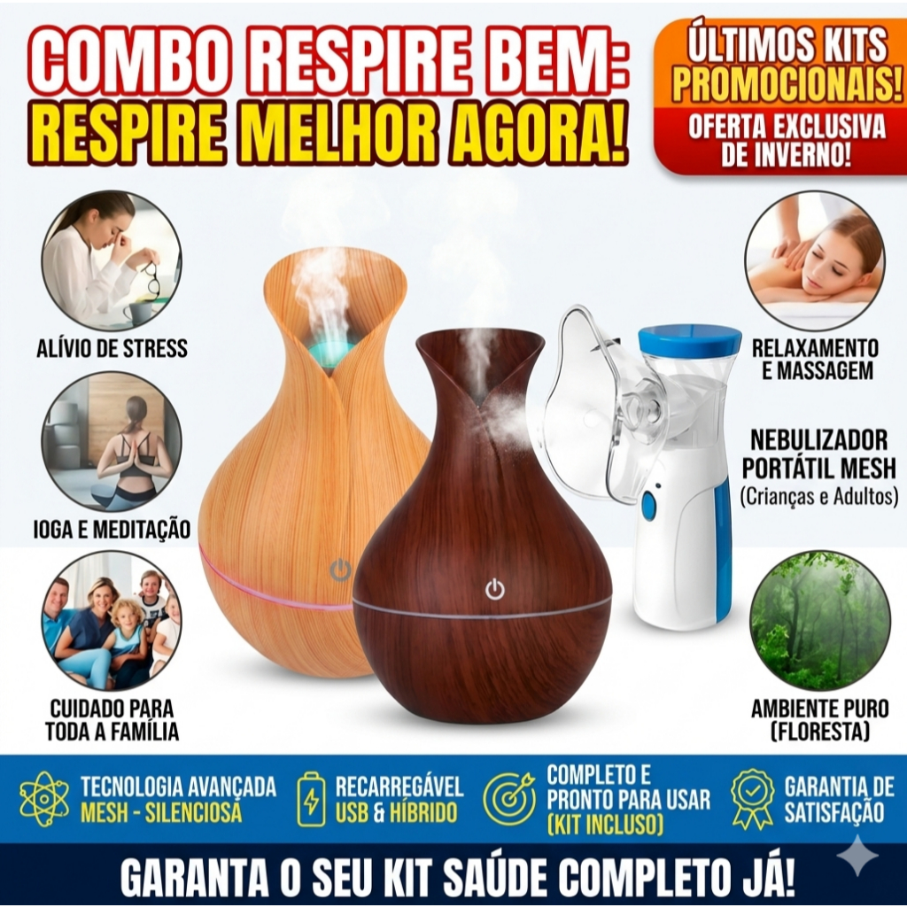 Inalador Nebulizador Portátil Mesh Silencioso USB + Umidificador De Ar Difusor Ultrassônico Kit Saúde Inverno