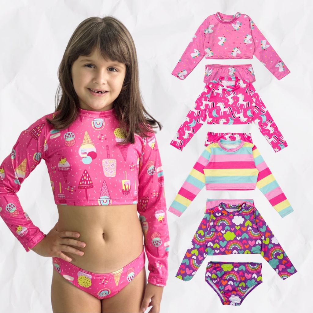 Conjunto Infantil Menina Blusa Calcinha Proteção Solar Praia Biquíni Praia Piscina Verão