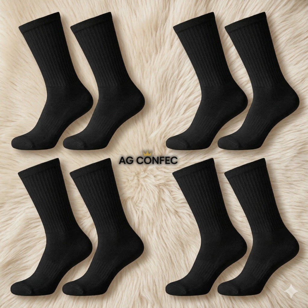 24 Pares Meias Cano Alto Preto / Branca Algodão Premium Unissex Menina Menino