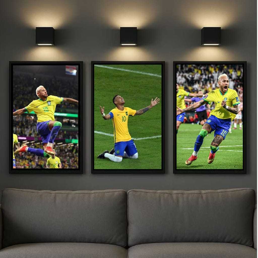 Kit 3 quadros Neymar seleção brasileira decoração futebol parede quarto sala moderno