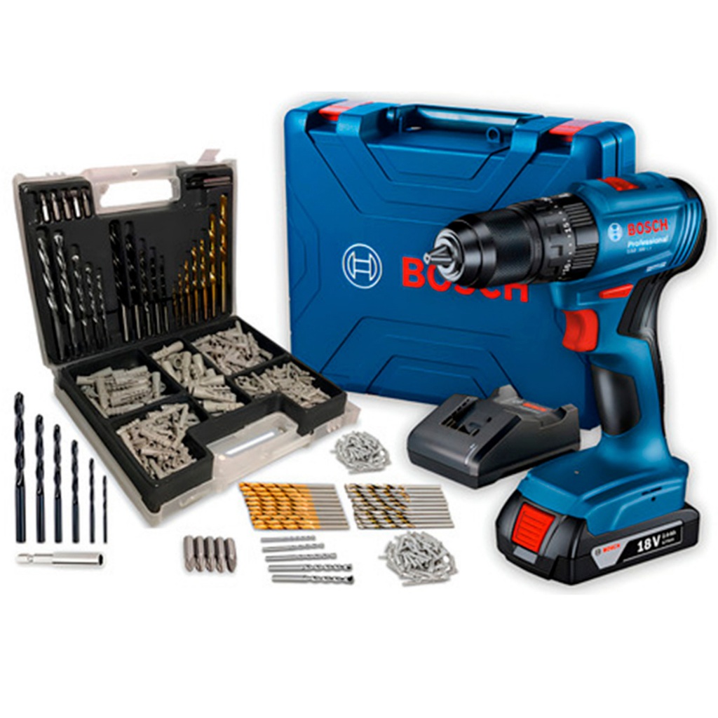 Parafusadeira De Impacto Bosch 18v Gsb 185-li + Maleta De 300 Pçs Bits Brocas E Buchas