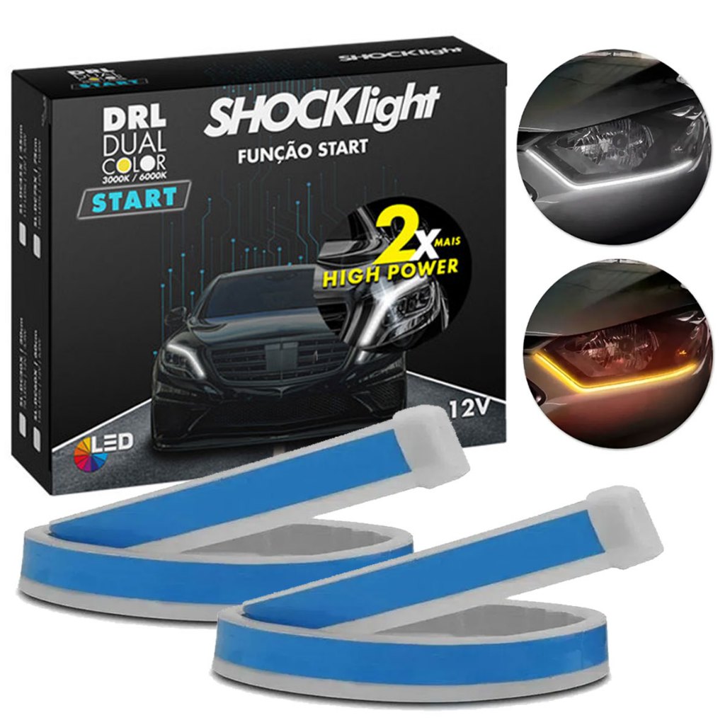 Fita DRL 60cm Led 12v farol Efeito Start Preenchimento Com Seta Sequencial Barra Flexível Shocklight