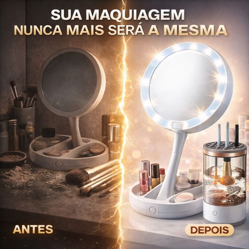 Kit Maquiagem Espelho LED Camarim + Lavador de Pincéis Automático Profissional Portátil