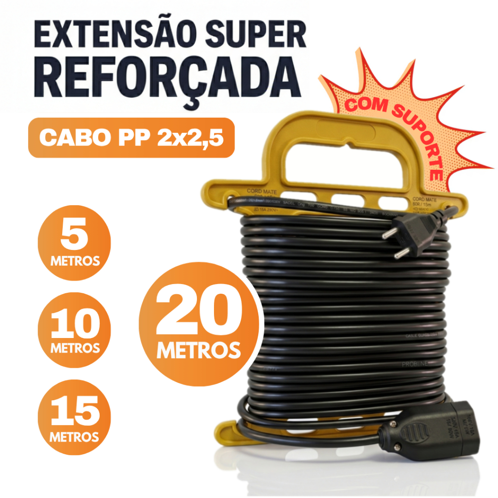 Extensão Elétrica Reforçada 20/15/10/5 Metros Cabo PP 2x2,5mm Resistente 10A Bivolt Com Suporte Enrolador