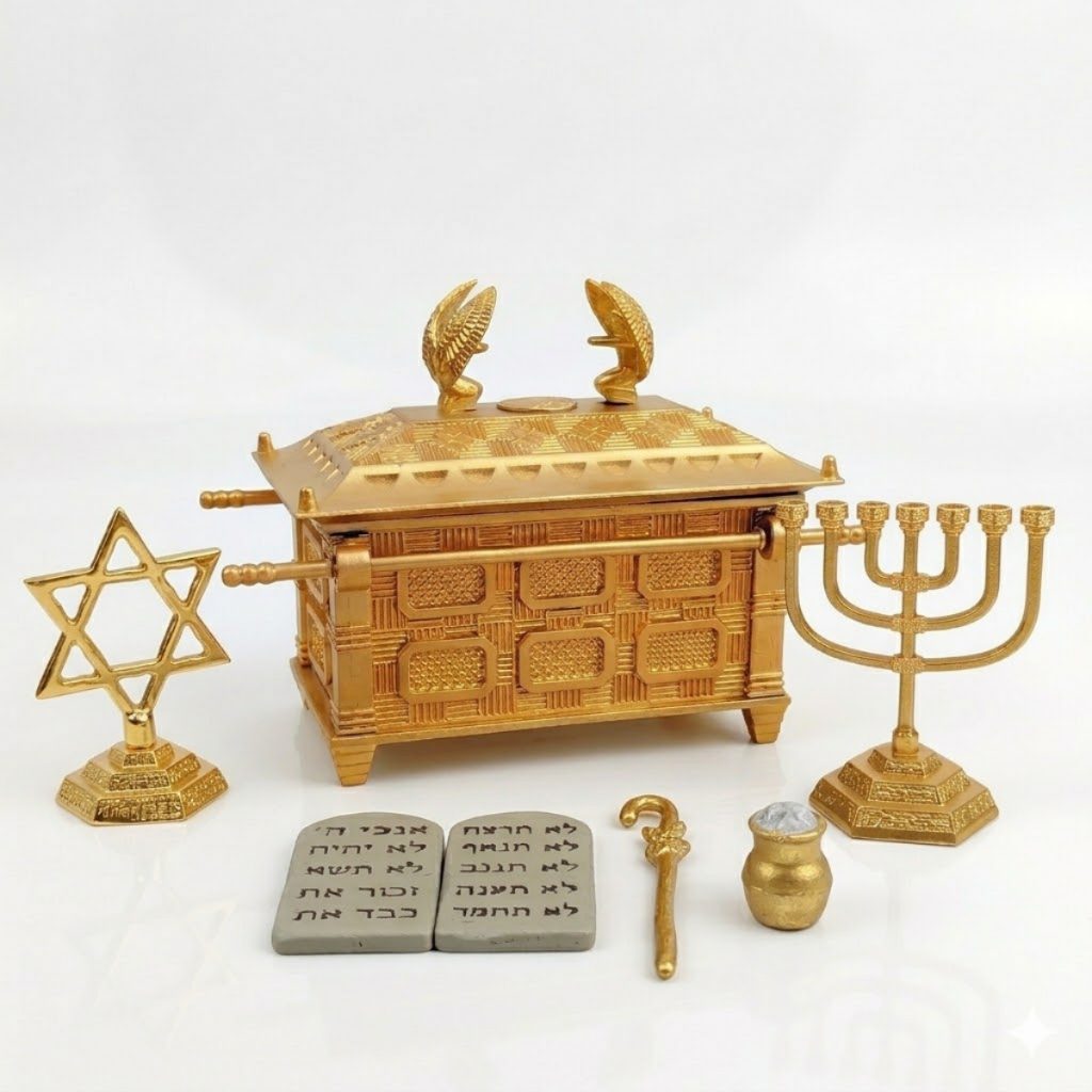 kit arca da aliança grande dourada 18cm + Candelabro + Estrela de Davi + tabuas da lei,cajado e maná em Oferta na Shopee