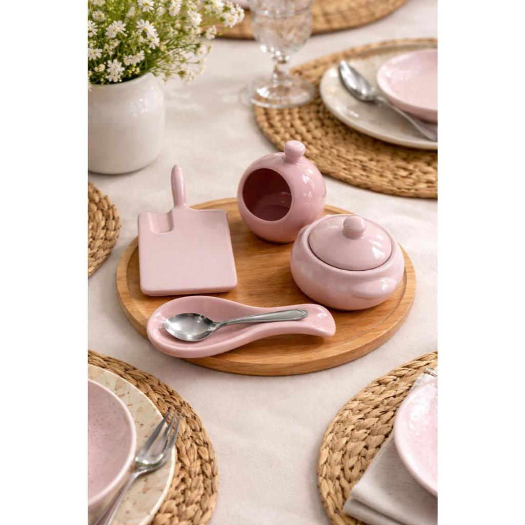 Kit Porta-Alho Descanso talher Panelinha Tabua de frios Rosa em Cerâmica – Decoração Fofa e Funcional para sua Cozinha