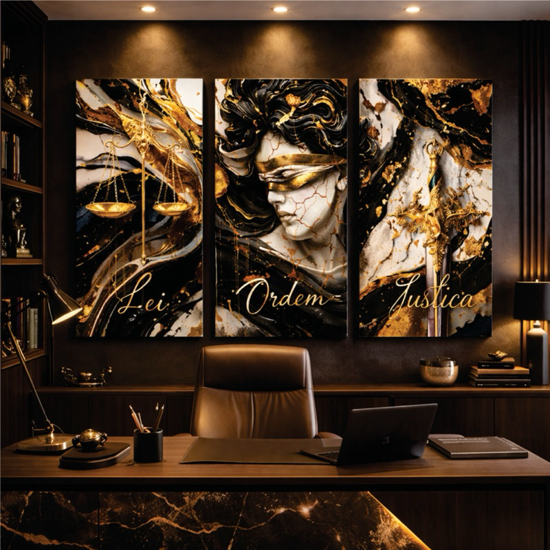 Kit 3 Quadros Decorativos Themis Deusa da Justiça – Lei Ordem Justiça – Escritório Advocacia Direito