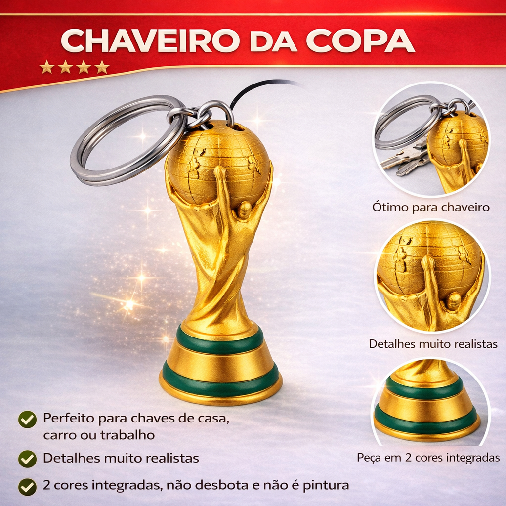 Chaveiro Troféu Estilo Futebol 3D – Mini Estátua Taça Decorativa Dourada Copa do mundo 2026