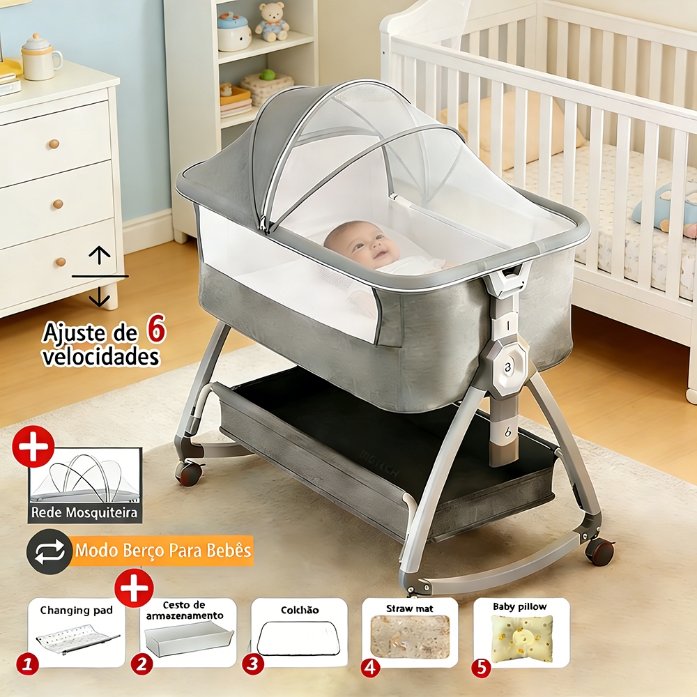 Berço Balanço Portátil Moises Co-bed Com Balanço Mosquiteiro E Cesto Cinza Infantil Trava De Segurança