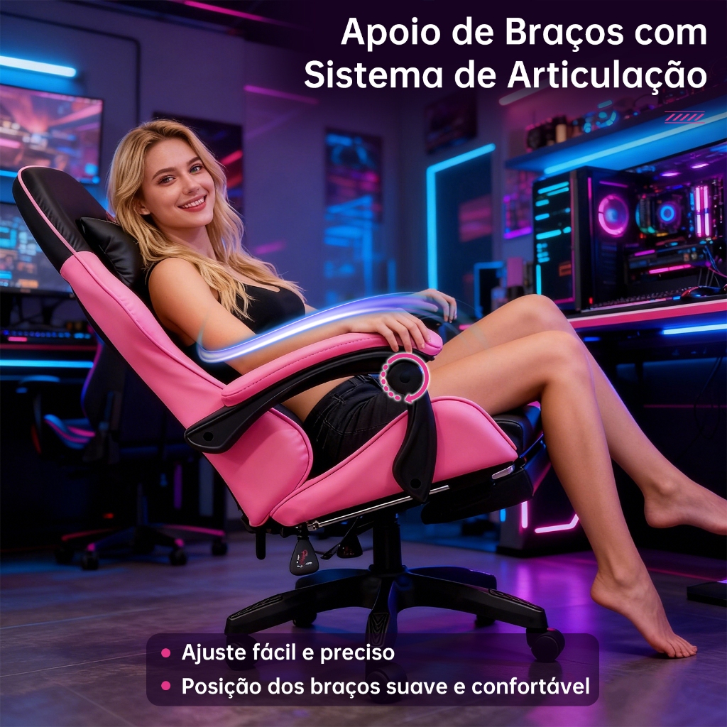 Cadeira Gamer Feminina Ergonômica Reclinável Com Apoio De Pés Suporta 150kg