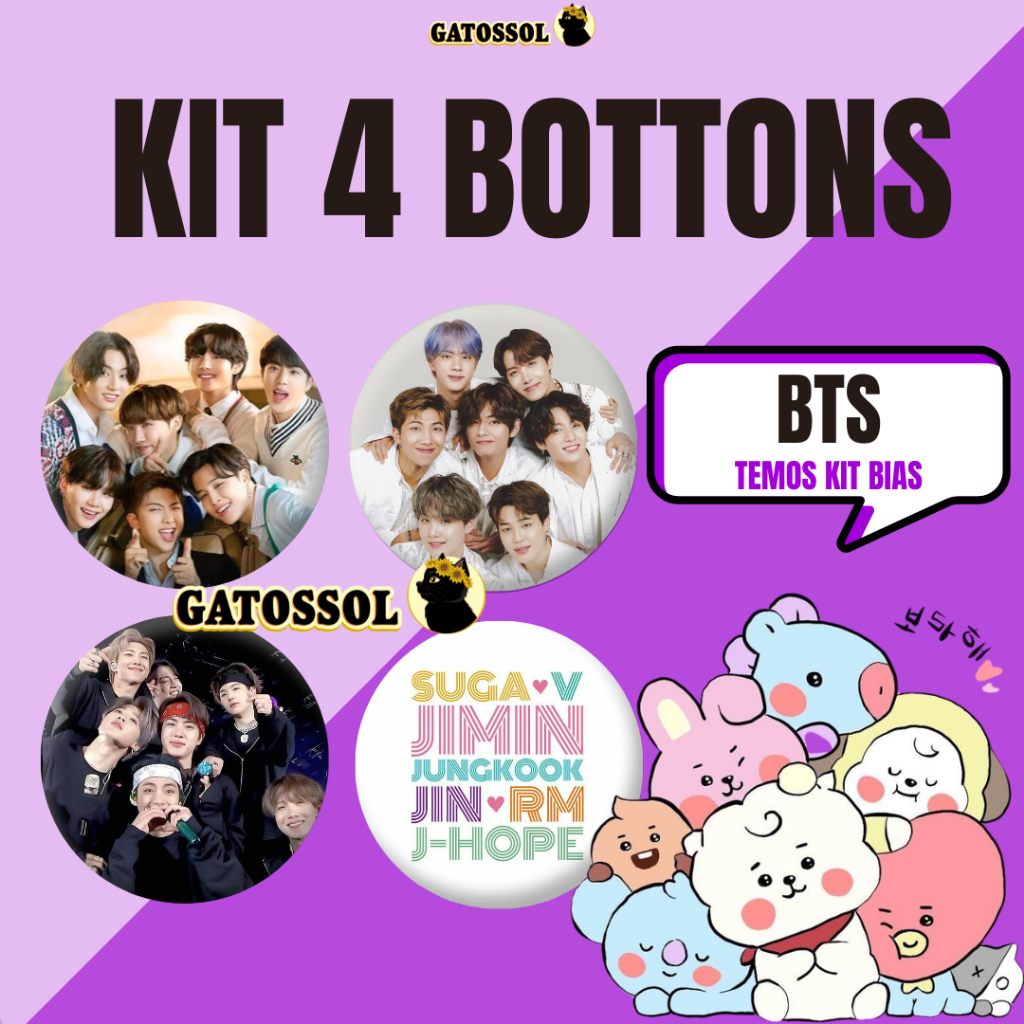 KIT BTS 4 Bottons 4,5CM Broche ARMY KPOP-IDOL-COREANO- K-POP Bottom/botton Boton Buton alfinete Boton Button Pin Bottum