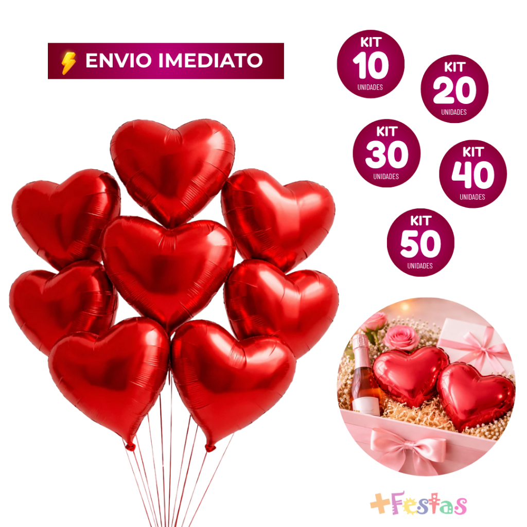KIT 10/20/30/40/50 Balão Metalizado Formato Coração Vermelho 20cm Presente Mães Namorados Decoração