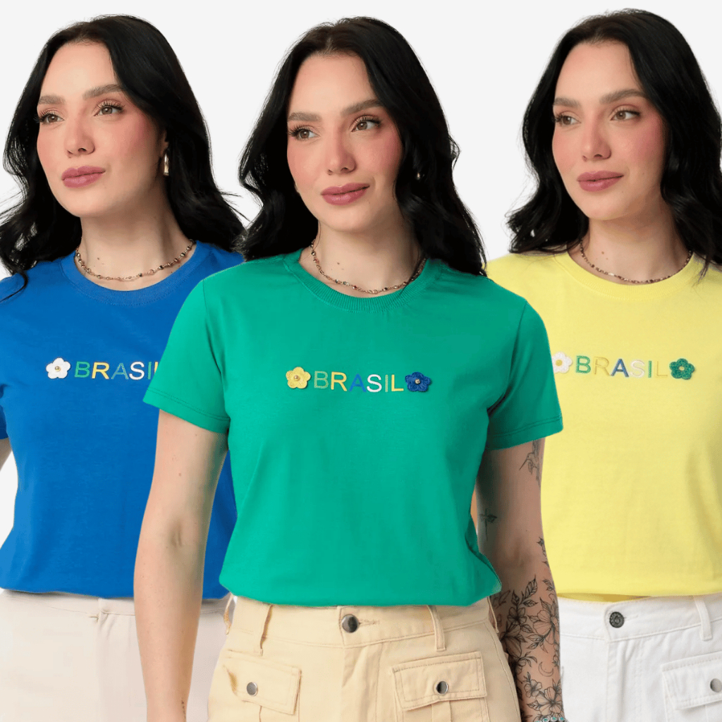Camiseta Do Brasil Flores Feminina Estampada 100% Algodão Blusa Copa Do Mundo 2026