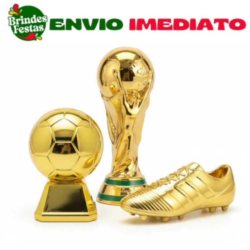 Kit Decoração Chuteira + Taça da Copa do Mundo + Troféu Bola Dourado Decoração de Aniversario Festas Futebol