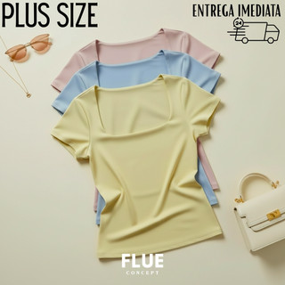 Blusa Feminino Plus Size Decote Quadrado Pasteis Manga Curta Y2K Suplex Premium Forrada