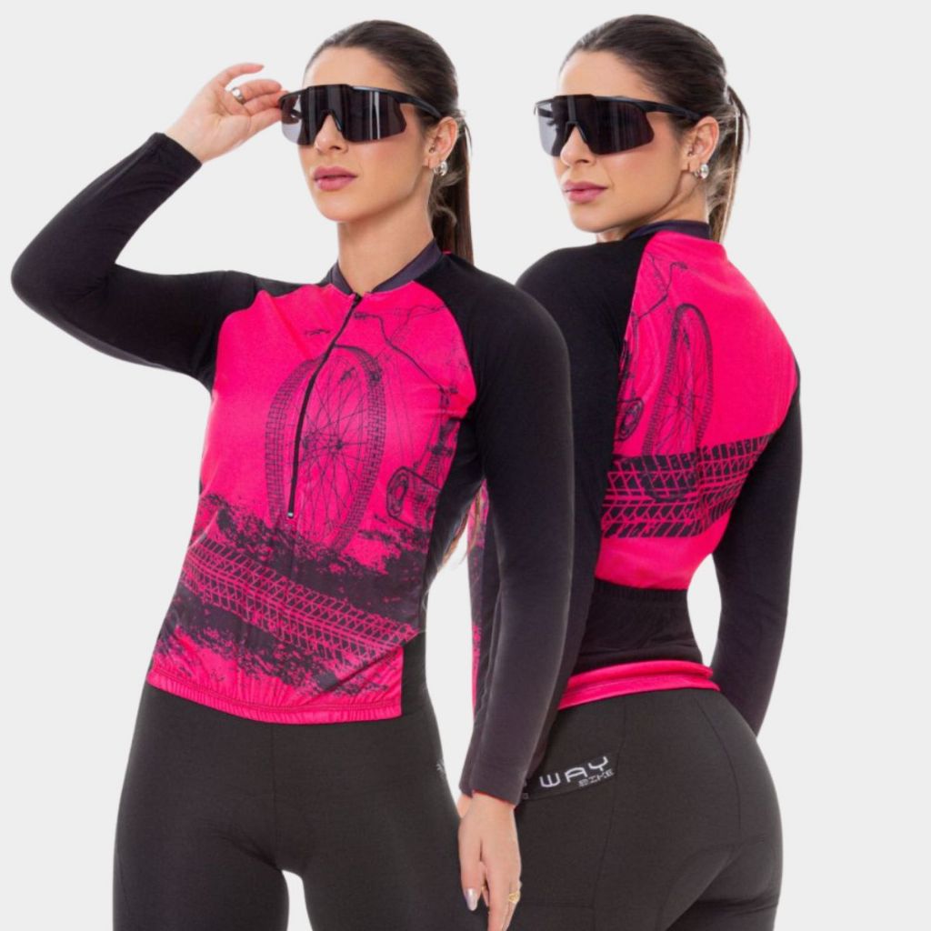 Camisa de Ciclismo Bike Rosa Feminina Blusa Manga Longa Inverno Frio Mtb