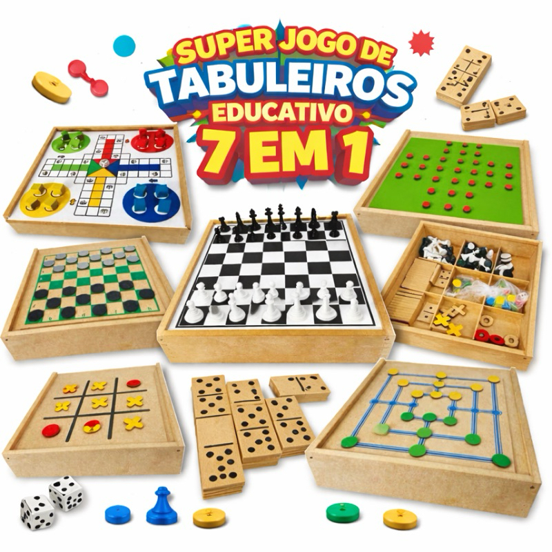 Jogo Tabuleiro Educativo Madeira Clássicos Xadrez Dama Jogo da Velha Ludo Trilha Dominó Resta 1