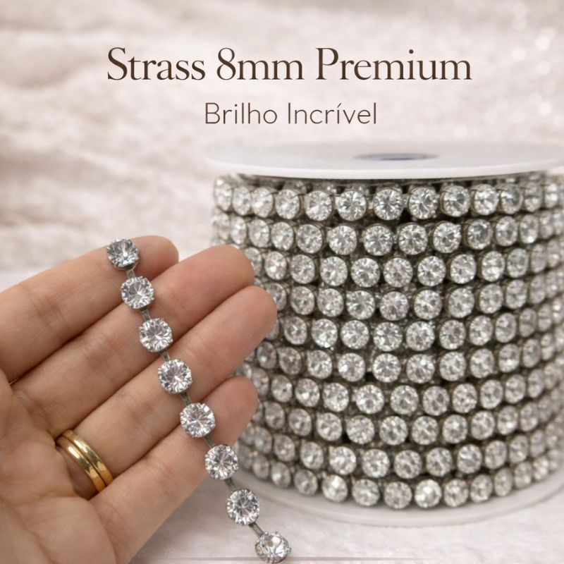 Corrente de Strass 8mm Pedra de Vidro • 5 metros Rolo • Costura ou Colagem • Brilho Profissional