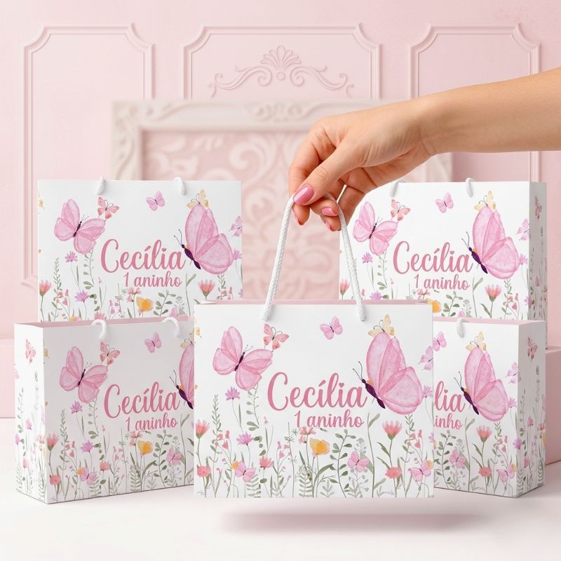 Sacolinha Personalizada tema Jardim das Borboletas clean | Personalizados | Sacola jardim encantado | Pegue e monte