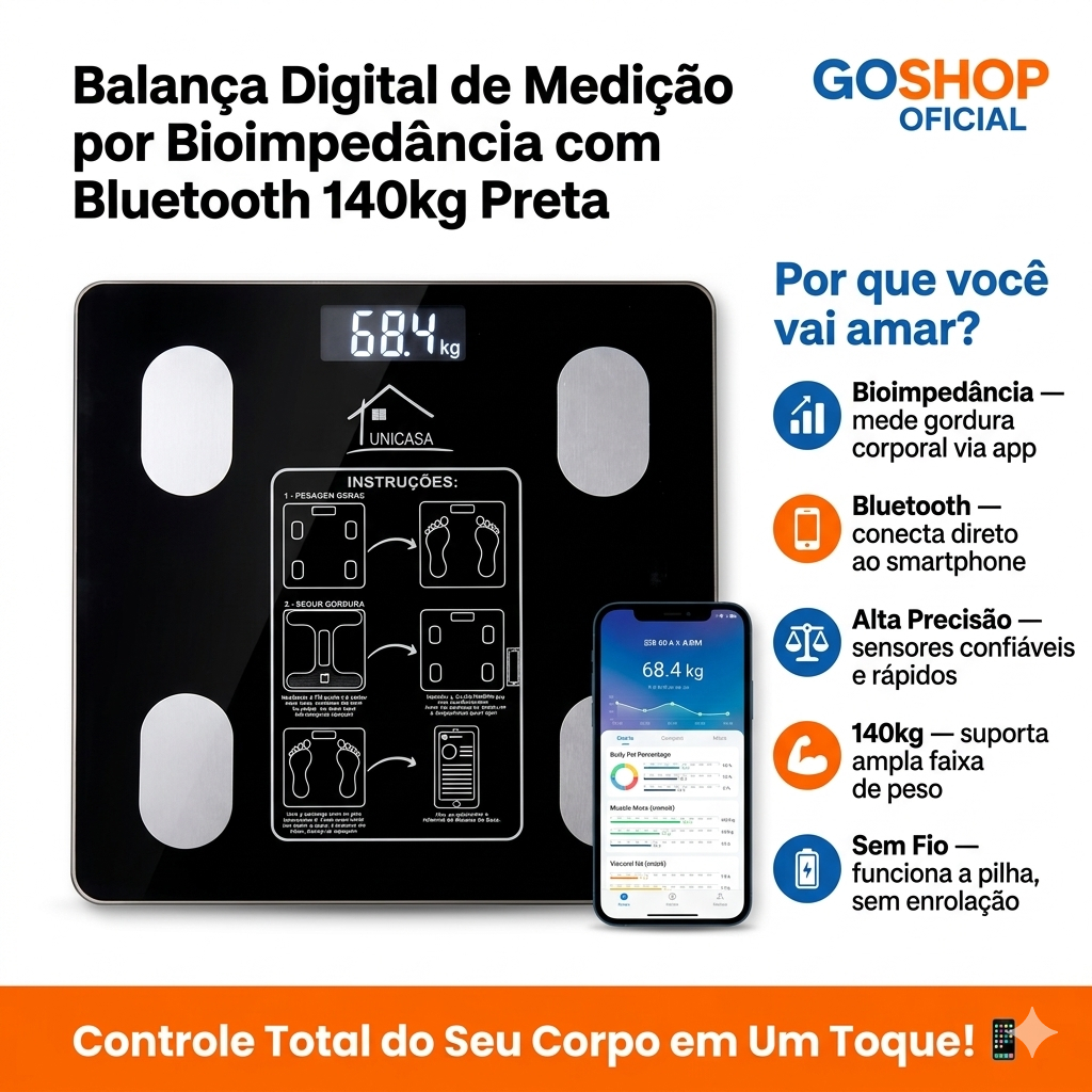 Balança Digital Bioimpedância Bluetooth 140kg Preta Vidro IMC Gordura Massa Muscular App iOS Android